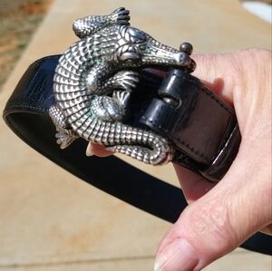 RARE! Barry Kieselstein-Cord Art SS Alligator Buckle & Belt Black Sz 38 Unisex